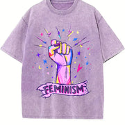 Luokeren Feminist Retro with Empowerment Fist & Stars Vintage Washed T-Shirt in Purple