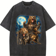 Roaring Grizzly Bears Moon Vintage Washed T-Shirt in Black