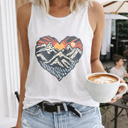 Heart Mountain Sunset Crew-neck Sleeveless Vest Outdoor Women's Color Cotton Tank Top in White