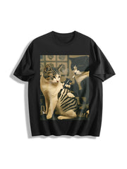 Cat Drinking Cotton T-Shirt in Black
