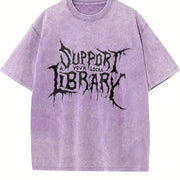 Grunge - style Support Your Local Library Text vintage washed oversized T-shirt in Purple