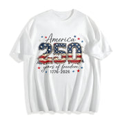 Patriotic 4th of July 250th Anniversary Faux Patchwork USA Cotton T-Shirt in White