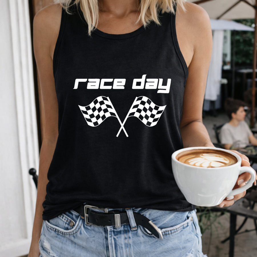 Race Day Letters & Cartoon Flags Vest Women's Color Cotton Tank Top in Black