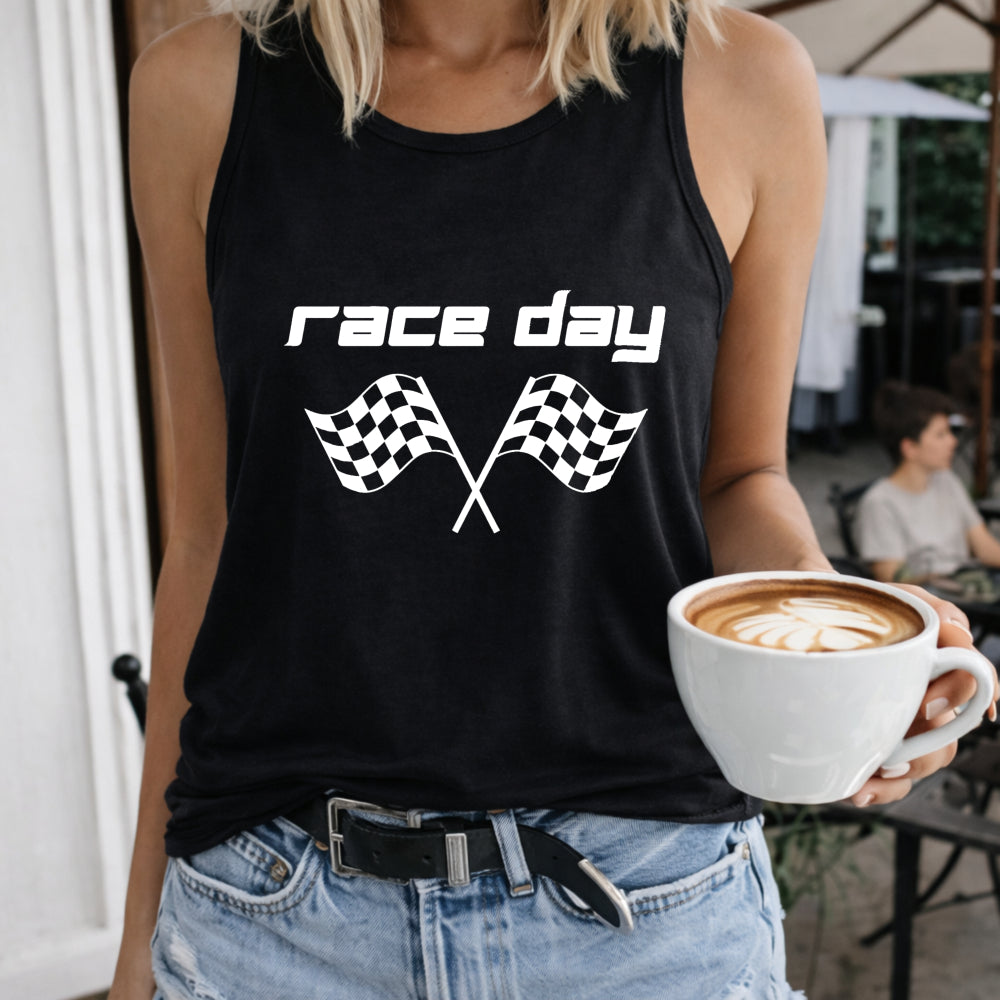 Race Day Flags Crew-neck Sleeveless Vest Outdoor Women's Color Cotton Tank Top in Black