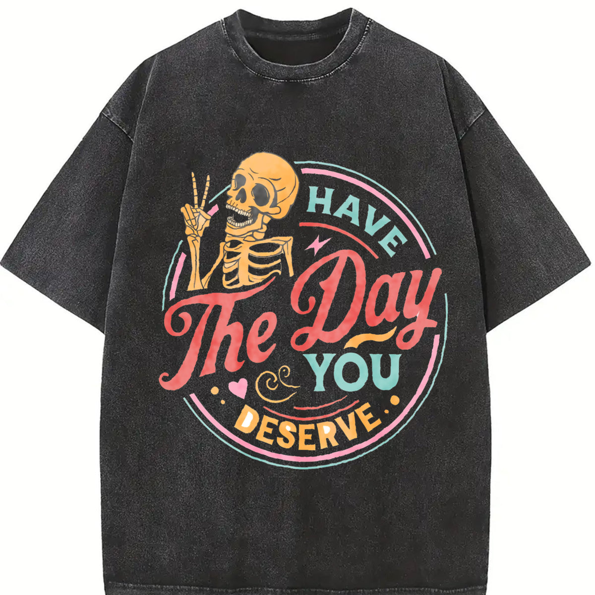 Skeleton Peace Sign Have the Day You Deserve Boxy Vintage Washed T-Shirt in Black