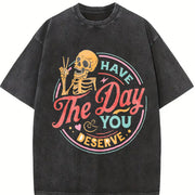Skeleton Peace Sign Have the Day You Deserve Boxy Vintage Washed T-Shirt in Black