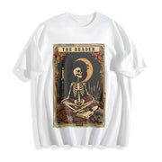 Halloween Skull Skeleton Moon Cotton T-Shirt in White