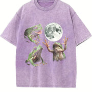 Frog Howling at Moon 90s Vintage Washed T-Shirt in Purple
