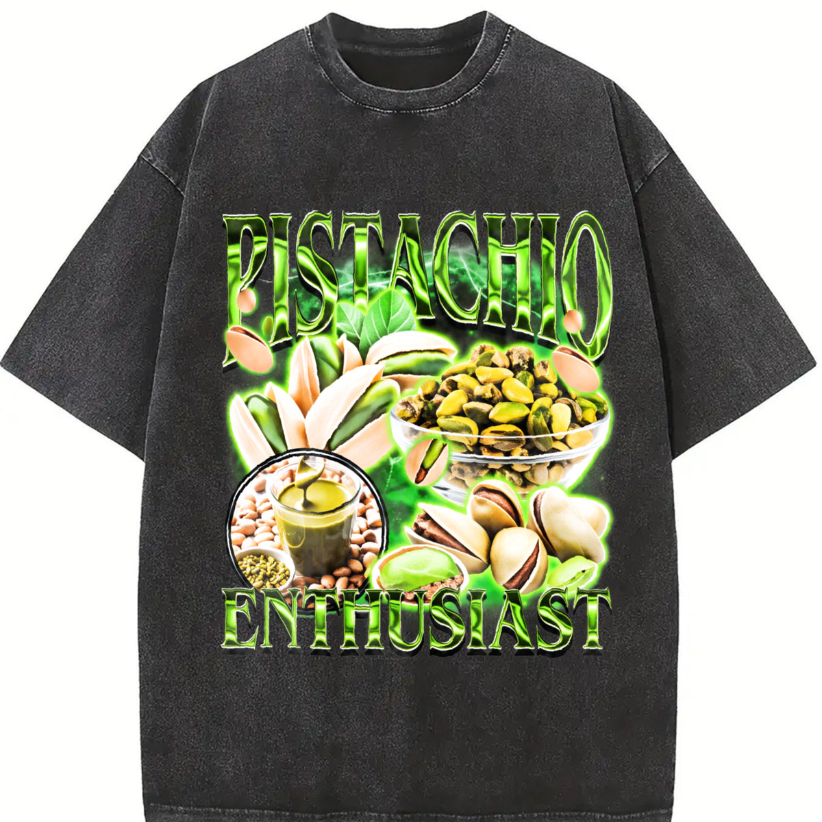 Pistachio Enthusiast 90s Vintage Washed T-Shirt in Black