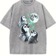 Penguin Howling to Moon 90s Vintage Washed T-Shirt in Gray