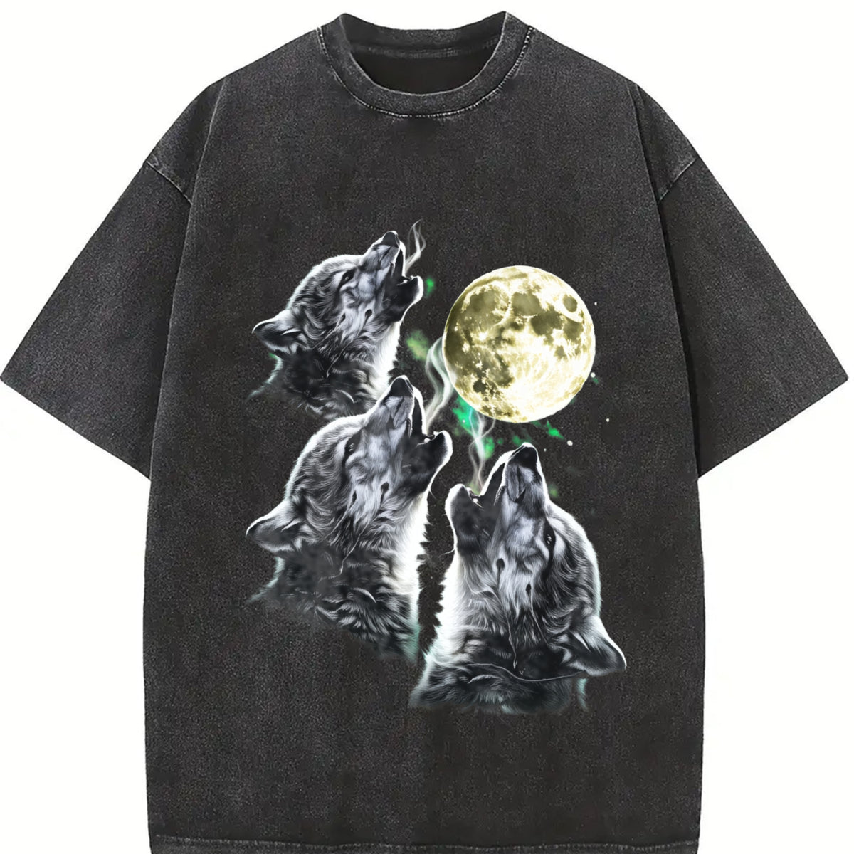 Baby Wolf Howling to Moon 90s Vintage Washed T-Shirt in Black