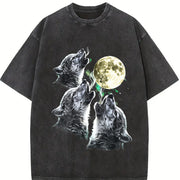Baby Wolf Howling to Moon 90s Vintage Washed T-Shirt in Black