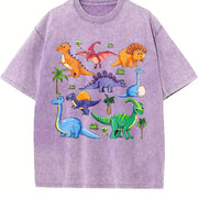 Autumn Dinosaur World Cartoon Short-sleeved Vintage Washed T-Shirt in Purple