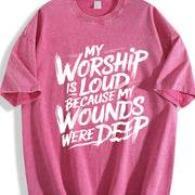 My Worship Is Loud Because My Wounds Were Deep Christian vintage washed oversized T-shirt in Red