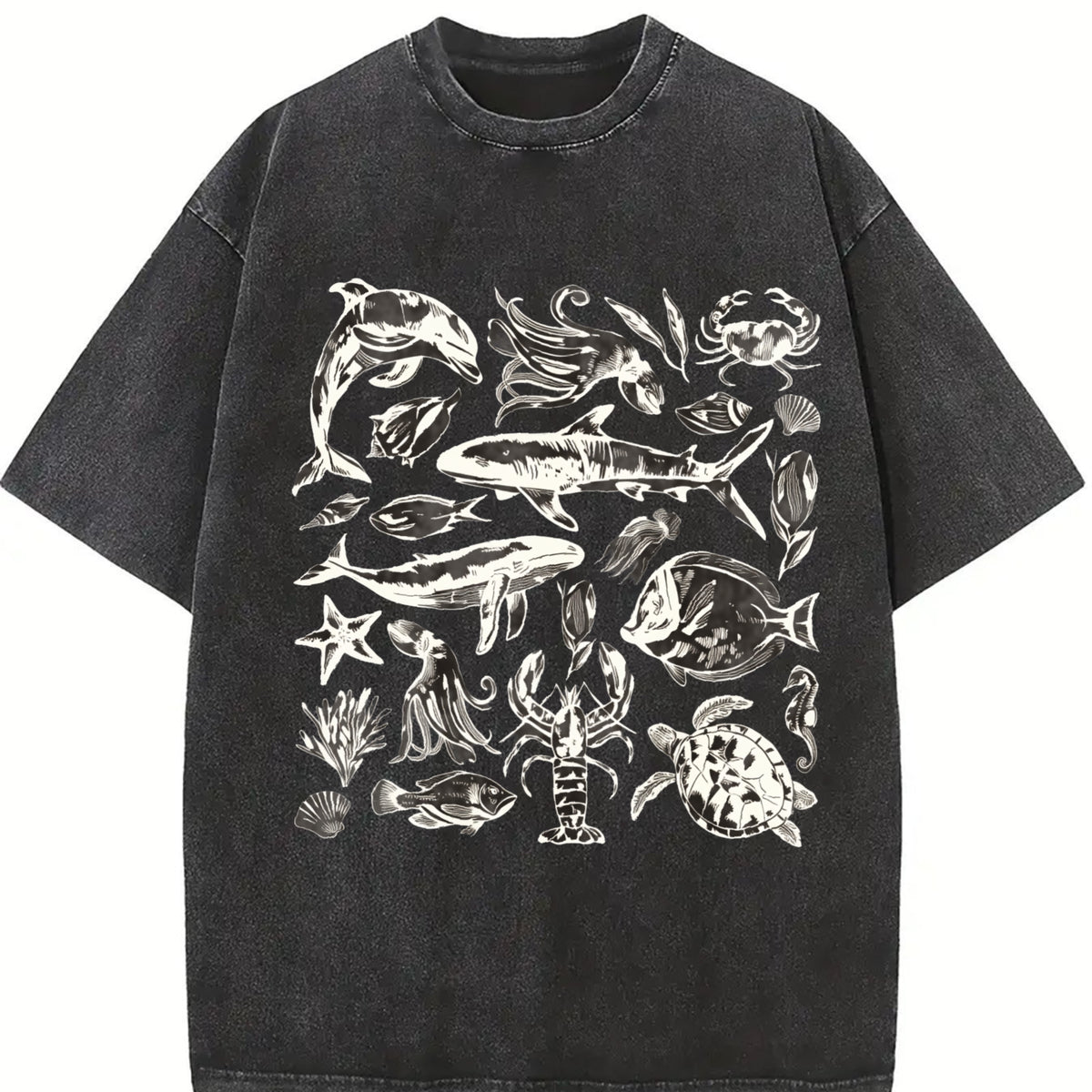 Sea Animals 90s Retro ® Y2k Ocean Vintage Washed T-Shirt in Black