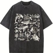 Sea Animals 90s Retro ® Y2k Ocean Vintage Washed T-Shirt in Black
