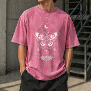 Moth Moon Retro Gothic Nature Vintage Washed T-Shirt in Red