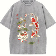 Koi Fish and Lotus Vintage Washed T-Shirt in Gray