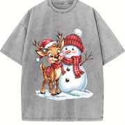 Christmas Autumn Snowman Reindeer Fashionable Elegant Vintage Washed T-Shirt in Gray