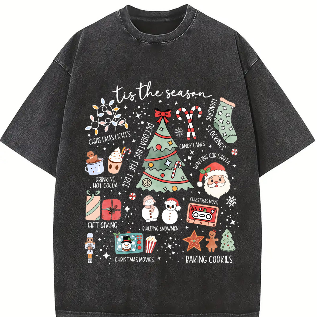 Retro Christmas Tis the Season Vintage Washed T-Shirt in Black