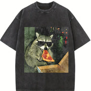 Raccoon Eating Pizza vintage washed oversized T-shirt in Black