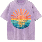 Retro Ocean Sunset Vintage Washed T-Shirt in Purple