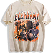 Elephant Retro Wildlife Animal Vintage Washed T-Shirt in Beige