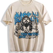 Boston Jesus Cross White Grunge Vintage Washed T-Shirt in Beige