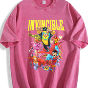 Retro Invincible Mark Grayson & Superhero Team Vintage Washed T-Shirt in Red