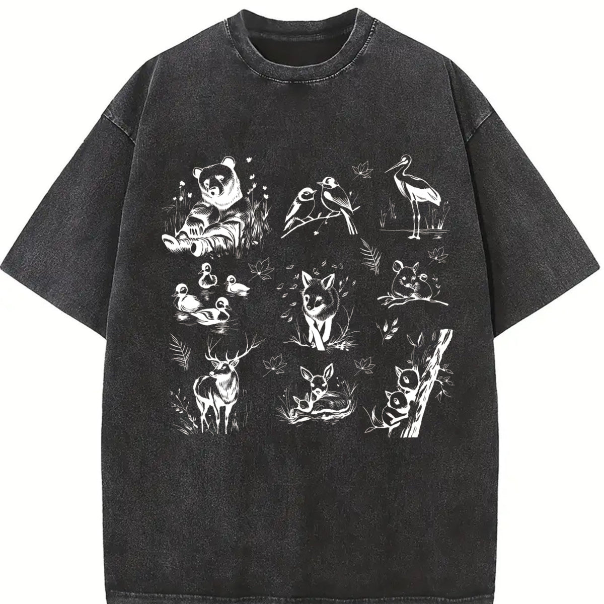 Forest Animals 90s Tattoo Vintage Washed T-Shirt in Black