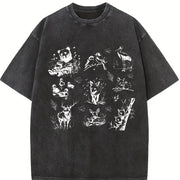 Forest Animals 90s Tattoo Vintage Washed T-Shirt in Black