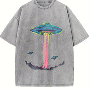 Retro Alien Abduction Vintage Washed T-Shirt in Gray