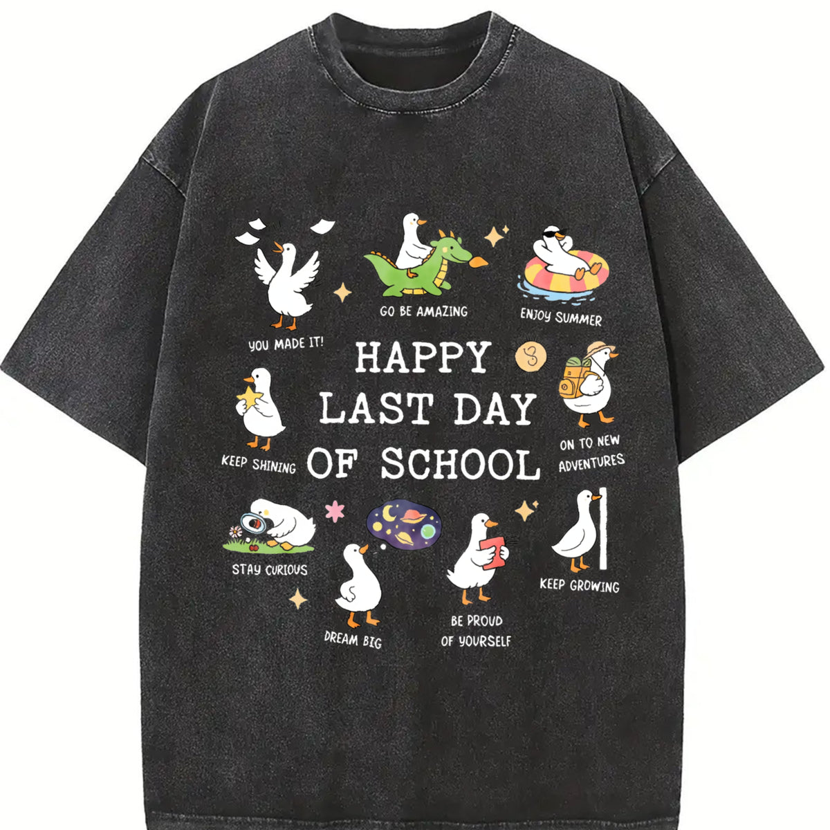 Last Day of School Goose Teacher Happy Last Day of School Vintage Washed T-Shirt in Black