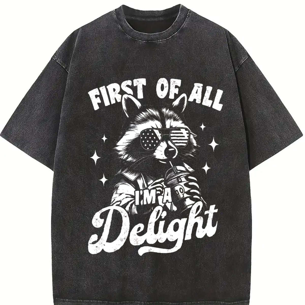 Retro First of All I'm a Delight Raccoon 4th of July 90s Vintage Washed T-Shirt in Black