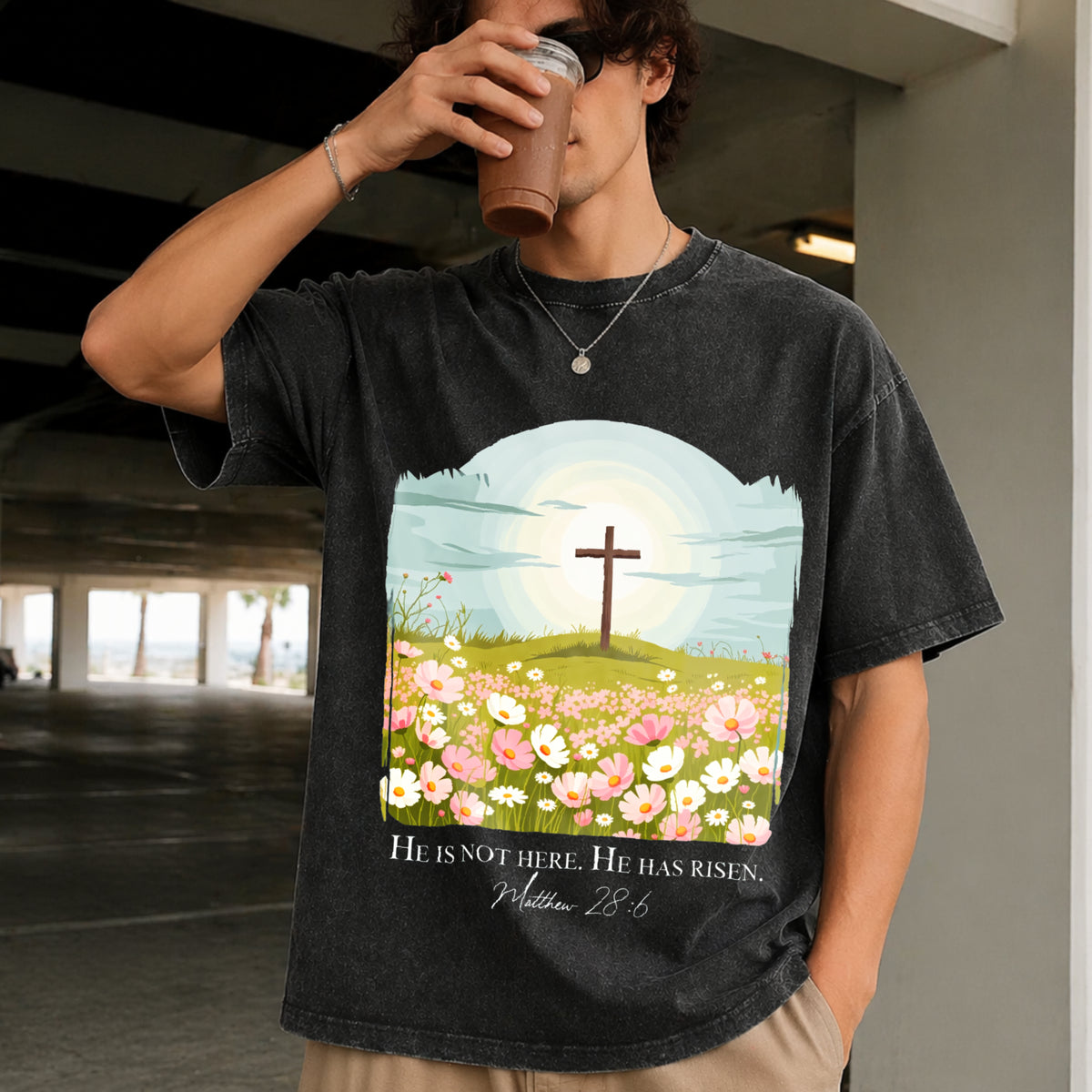 Christian Easter He Is Risen Vintage Washed T-Shirt in Black