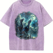 Two Dragon Retro Dragon Fantasy Moon Vintage Washed T-Shirt in Purple
