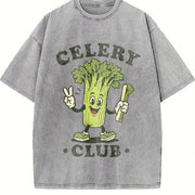 Celery Club Veggie Lover Retro Cartoon Vintage Washed T-Shirt in Gray
