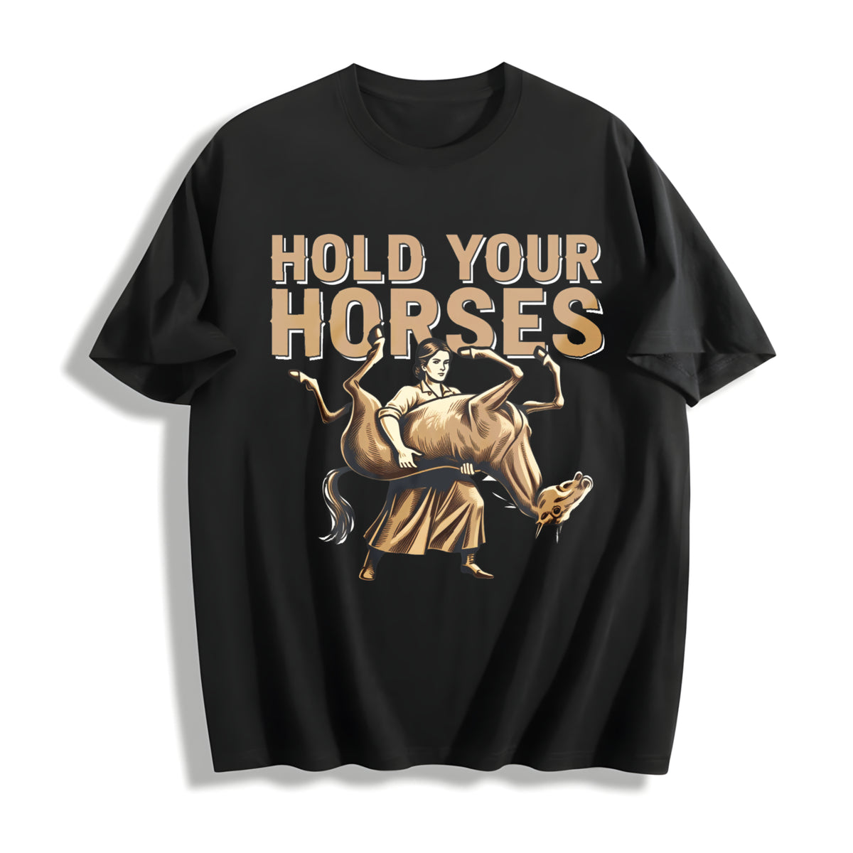 Sarcastic Literal Hold Your Horses Strong Woman Boxy Weird Cotton T-Shirt in Black