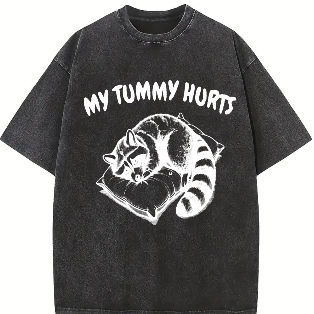 Retro Cute Raccoon My Tummy Hurts 90s Vintage Washed T-Shirt in Black