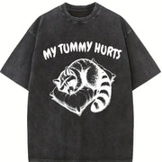 Retro Cute Raccoon My Tummy Hurts 90s Vintage Washed T-Shirt in Black