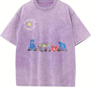 Sea Animals Embroidered Vintage Washed T-Shirt in Purple