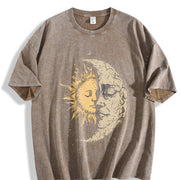 Mystical Sun and Moon Face Yin Yang Hippie Chic Hippy Vintage Washed T-Shirt in Brown