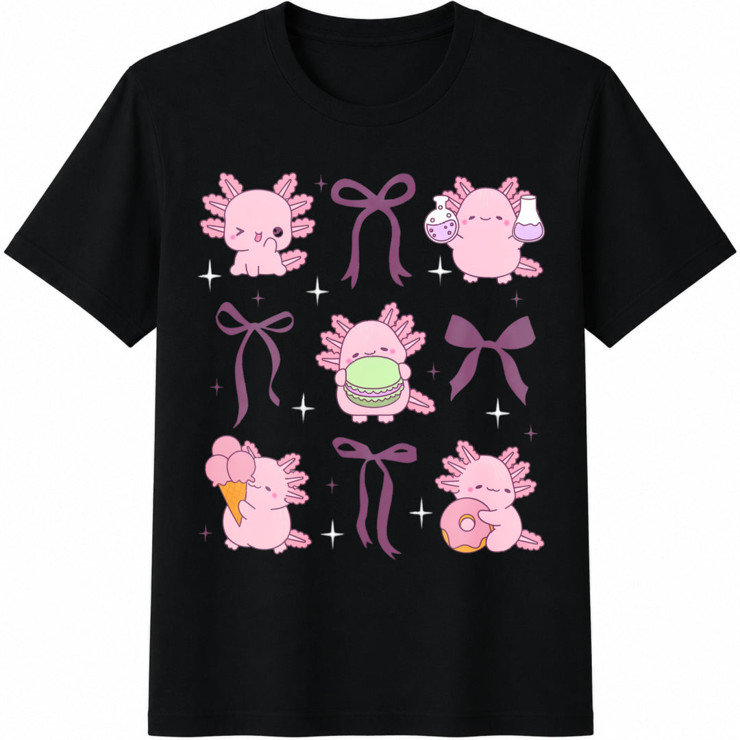 Cute Axolotl Bow Kids Axolotl Mom Mini Axolotl Lover Cute Cotton T-Shirt in Black