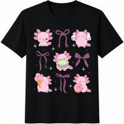 Cute Axolotl Bow Kids Axolotl Mom Mini Axolotl Lover Cute Cotton T-Shirt in Black