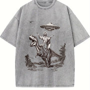 Retro Jesus Riding Dinosaur Under UFO Religious Vintage Washed T-Shirt in Gray