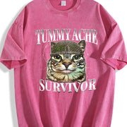 Tummy Ache Survivor Cat Meme Saying Cats Animals vintage washed oversized T-shirt in Red