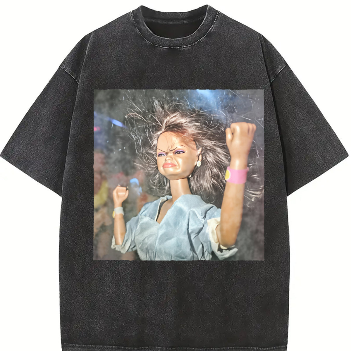 Angry Glam Doll Raising a Fist Vintage Washed T-Shirt in Black