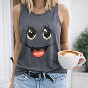 Big Eyes Smile Face Women's Color Cotton Tank Top in Gray