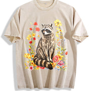 Cute Raccoon Floral Vintage Washed T-Shirt in Beige