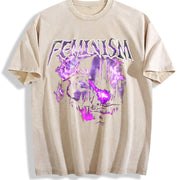 Feminism Dragon Retro Vintage Washed T-Shirt in Beige
